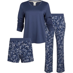 image:imageSteve Madden Womens Pajama 3 Piece Set Long Sleeve Shirt Pants Lounge ShortsDenim Blue  Ditsy Spot